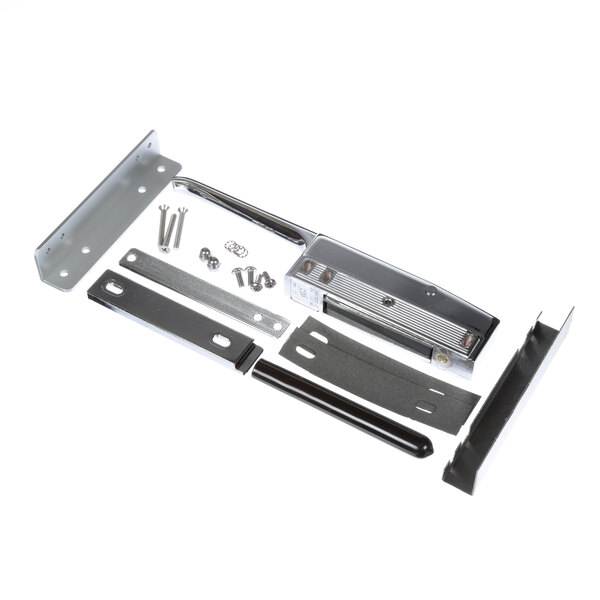 A metal handle assembly with screws for a door opener.