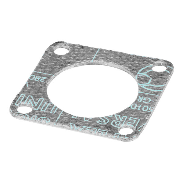A metal gasket with a circle and holes on it.