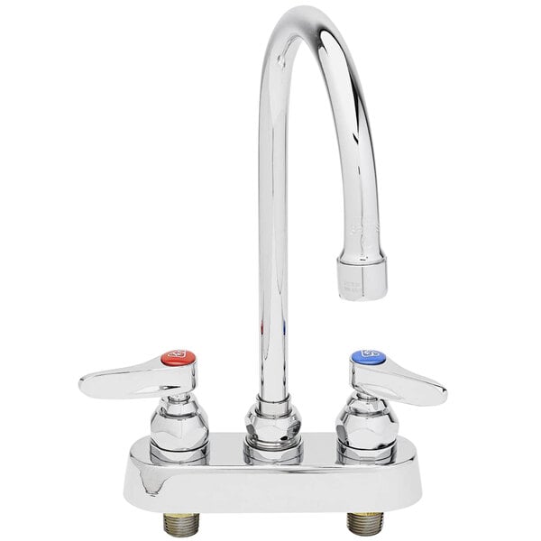 A chrome T&S deck-mounted workboard faucet with two handles.