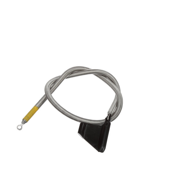 A metal cable with a yellow connector and a black handle.
