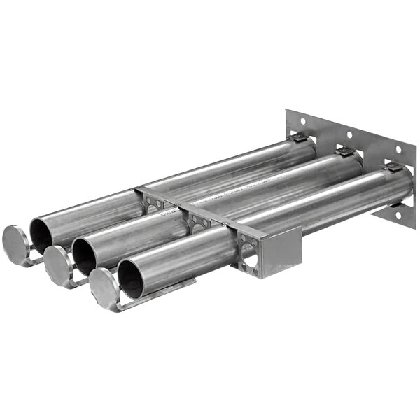 A stainless steel Middleby Marshall burner tube holder with three pipes.
