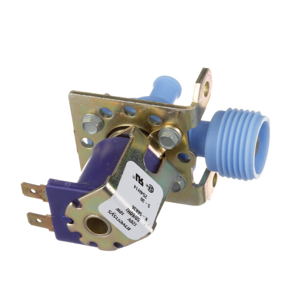 A Grindmaster-Cecilware water fill valve with blue and white components.