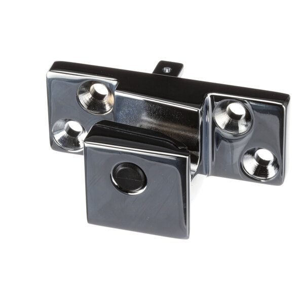 A chrome Alto-Shaam door latch with two holes.