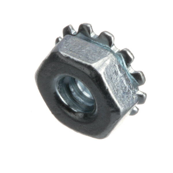 A close-up of a Vulcan NS-044-01 nut with a metal bolt on it.