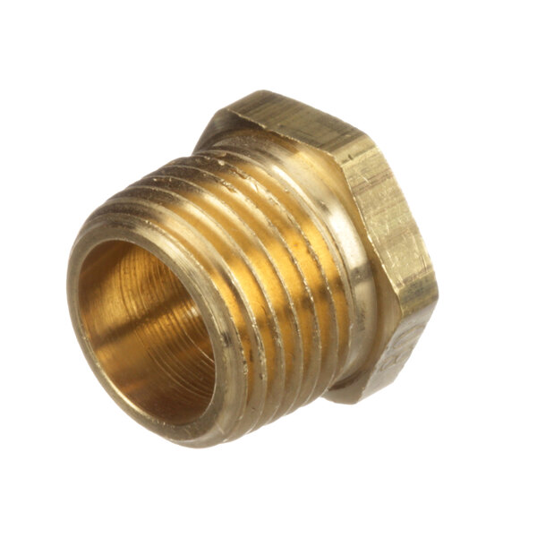 A close-up of a Groen brass threaded male fitting.