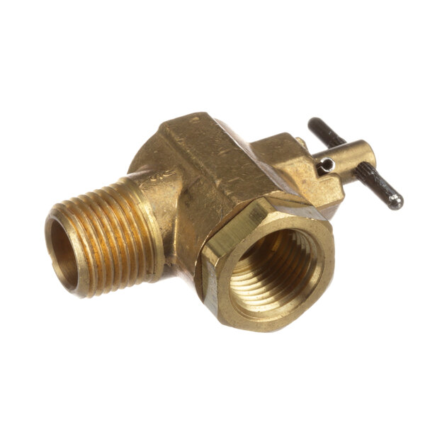 A close-up of a Follett Corporation brass drain valve with a threaded nut.