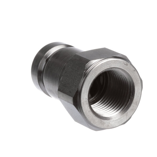 A stainless steel Pitco male disconnect threaded pipe fitting.