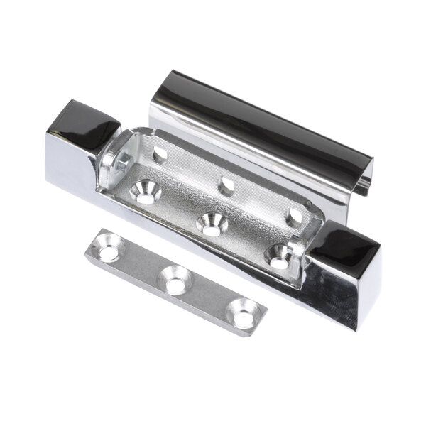 A chrome steel Doyon Baking Equipment door hinge with two holes.