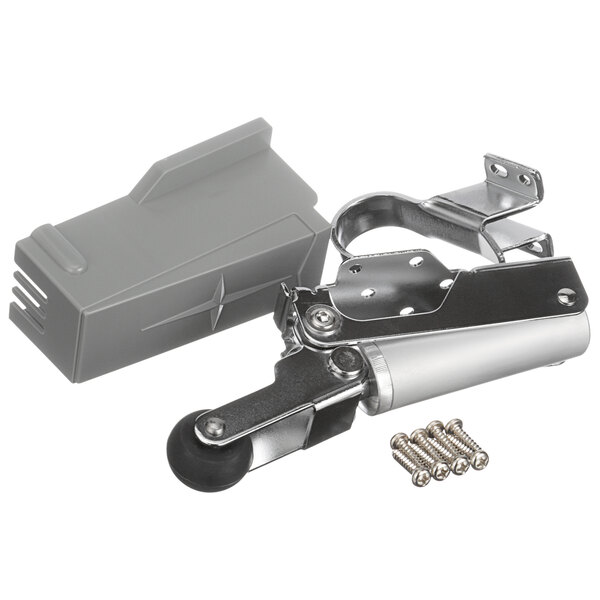 A grey metal Component Hardware door closer with a grey cover and screws.