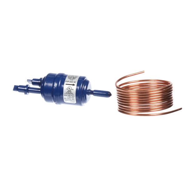 A copper coil with a blue cap on a copper pipe.