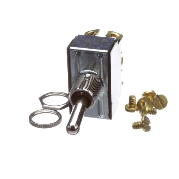 A metal SaniServ Proof Heat toggle switch with screws and nuts.