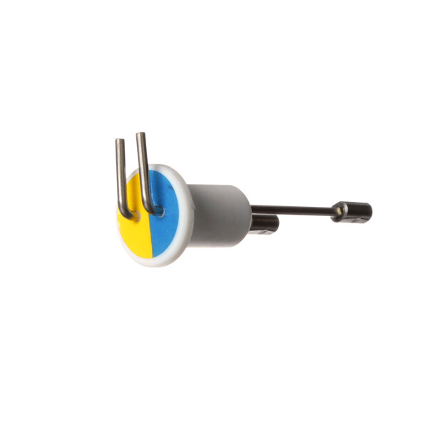 A Grindmaster-Cecilware dual probe level sensor with two metal rods, one blue and one yellow.