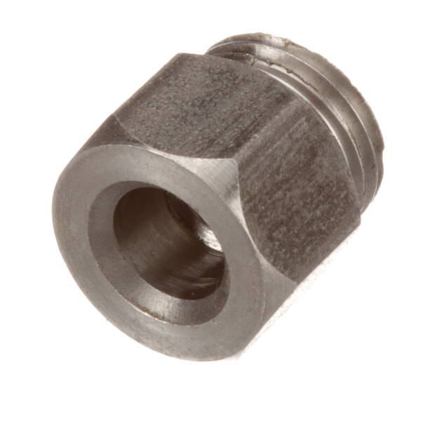 A close-up of a stainless steel hexagon nut.