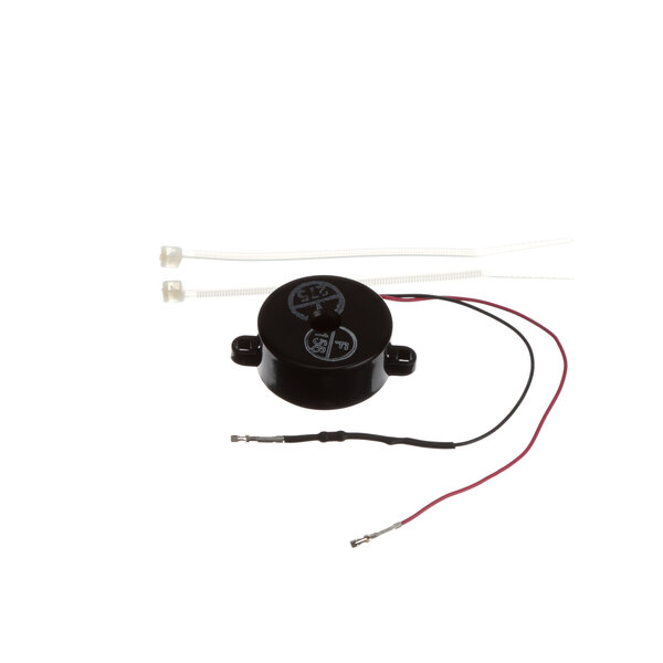 A black round TurboChef sound device with red and blue wires.