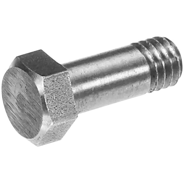 A close-up of a Bakers Pride stainless steel bolt with a hexagon head.