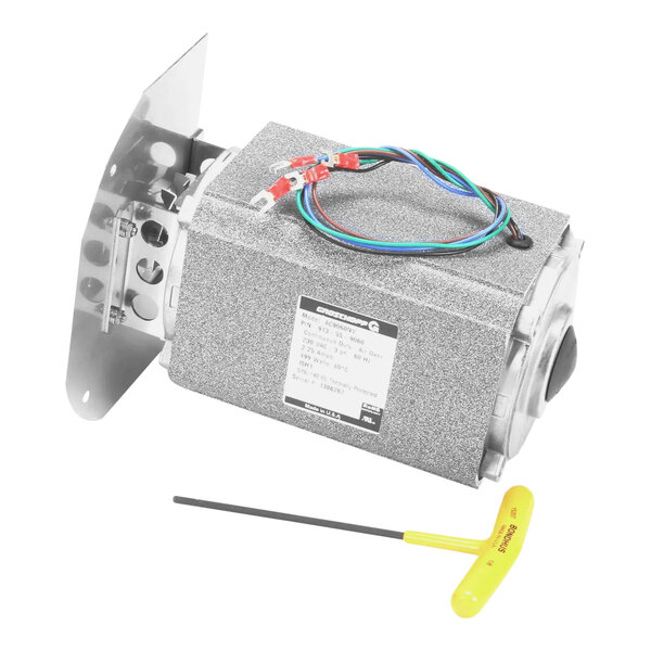 A Ovention blower motor kit with a small electric motor and wires, with a screwdriver.