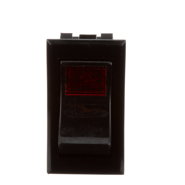 A black rectangular switch with a black border and a red light.