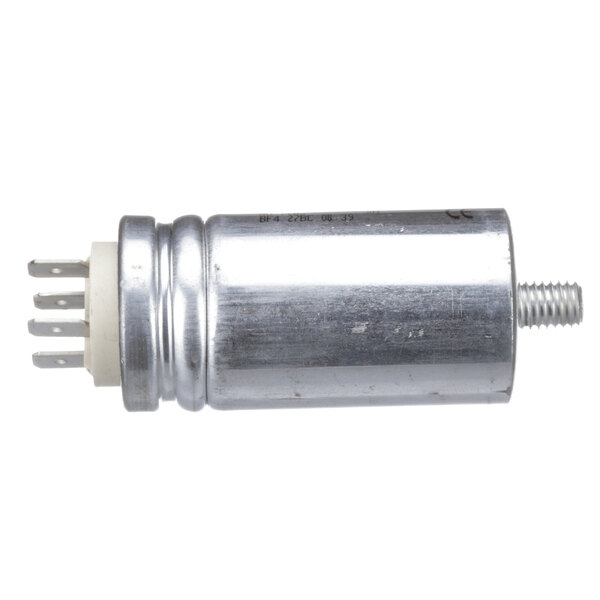A Moffat M234251 capacitor, a silver metal cylinder with a screw.