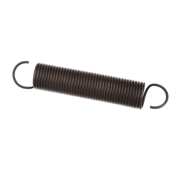 A black coil spring with a black plastic handle on a white background.