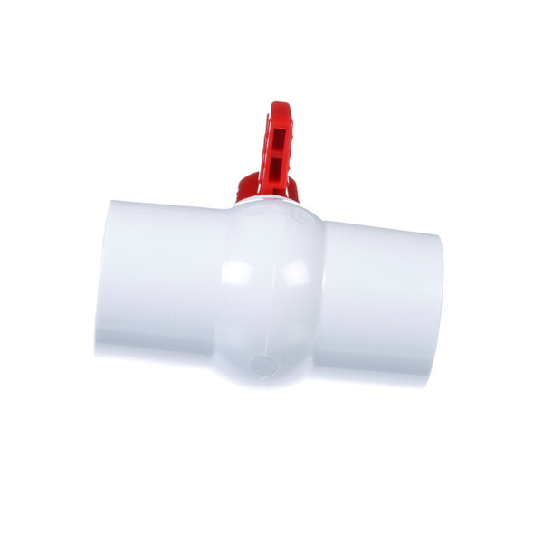 A white Randell ball valve with a red handle.