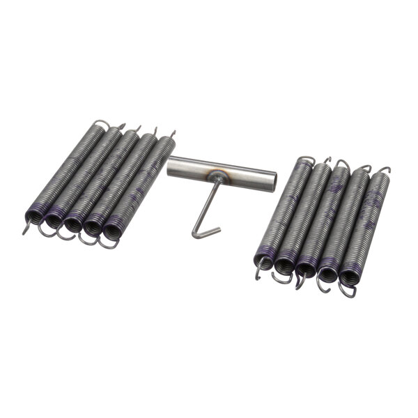 A set of six metal springs with a metal rod.