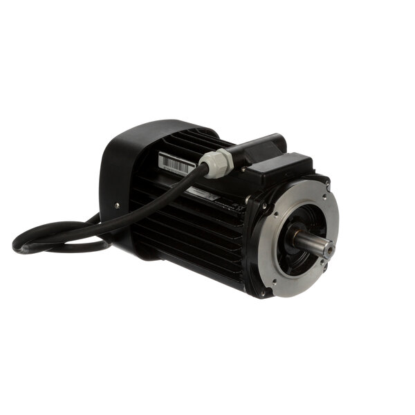 A black electric motor with a white cable.