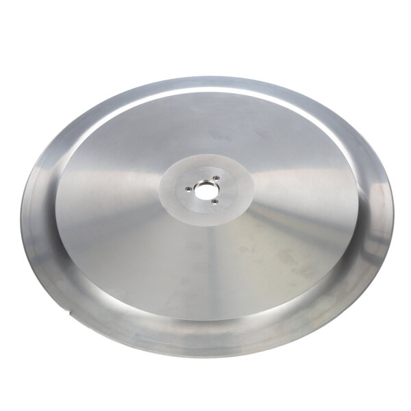 A Globe stainless steel blade for a meat slicer, a circular metal disc with a hole in the center.