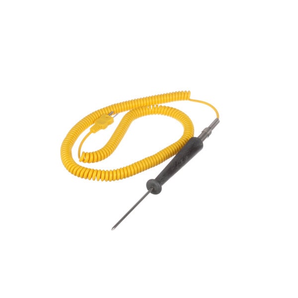 A yellow spiral cable with a black handle.