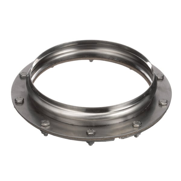 A stainless steel circular metal ring with screws.