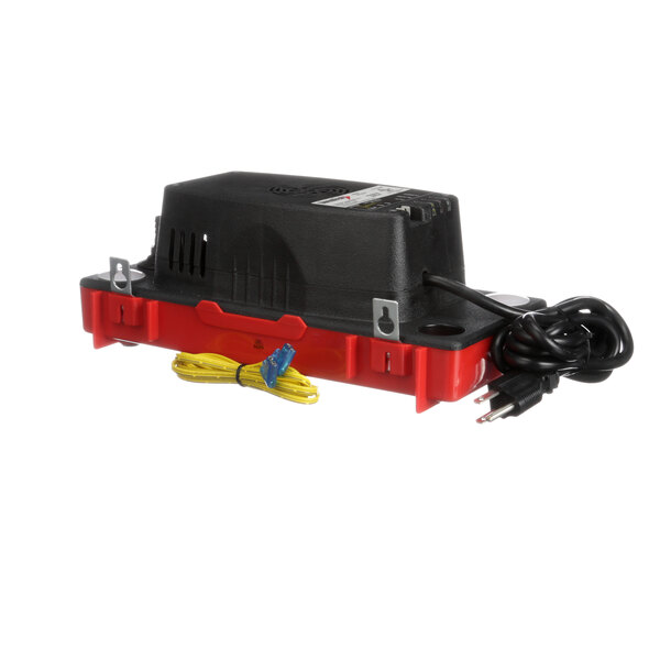 A black and red Hill Phoenix refrigeration pump with wires and a white label.