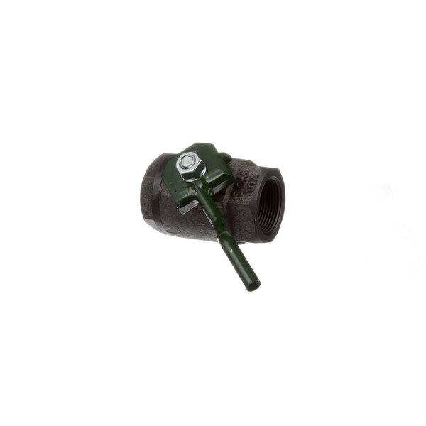 A black pipe with a green Pitco drain valve handle.