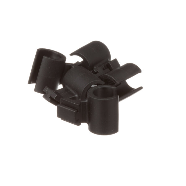 A pair of black plastic clips on a white background.