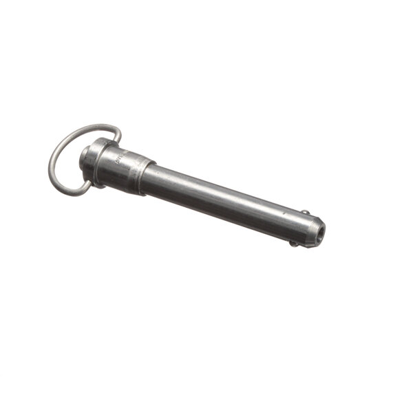 A close-up of a metal quick release pin with a metal handle.