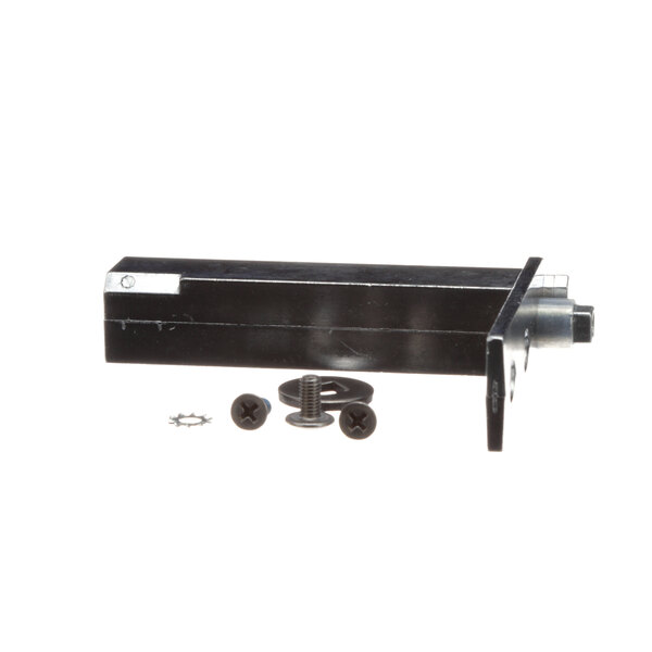 A black rectangular metal hinge with screws and bolts.