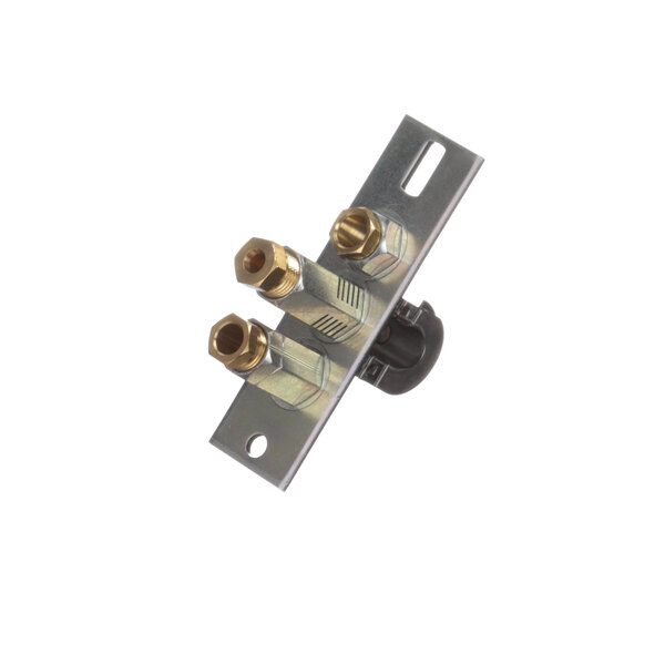 An Electrolux Professional pilot burner metal plate with brass and silver screws.