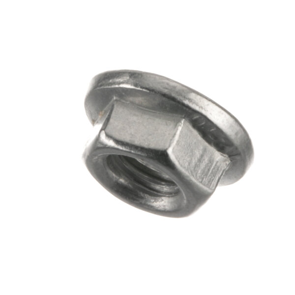 A close-up of a silver Rational hex nut.