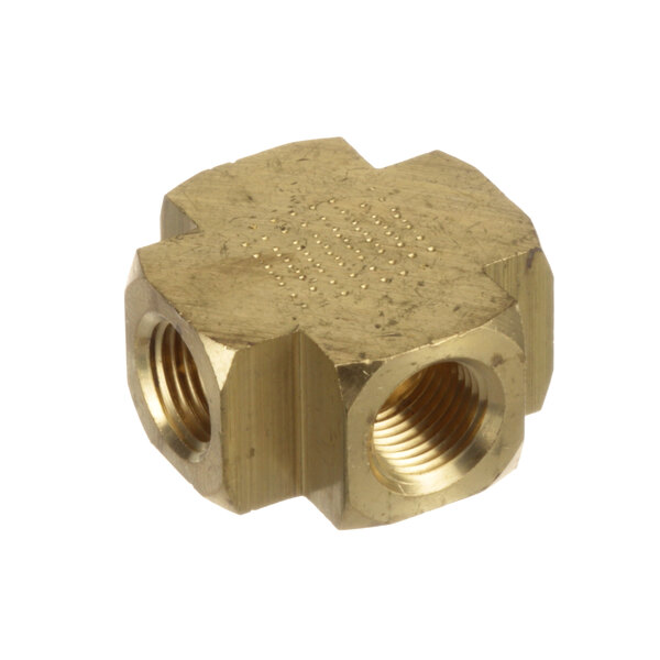 A brass threaded pipe fitting with two nuts.