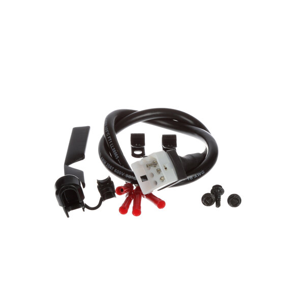 A black and white cable with red and white connectors.