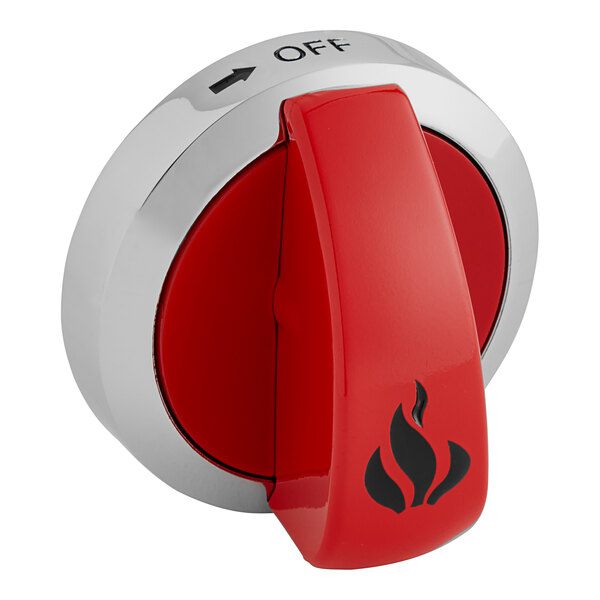 An American Range gas valve on/off knob with a red flame design on a silver switch.