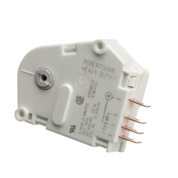 A close-up of a white Traulsen defrost timer with wires.