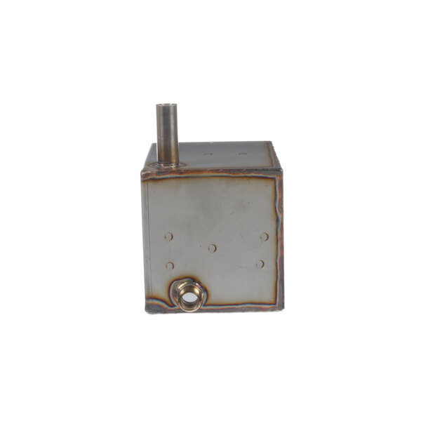 A metal box with a pipe and a metal handle on a white background.