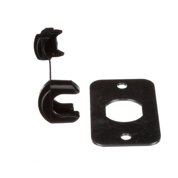 A black plastic clip and a metal clip with a hole in the middle.