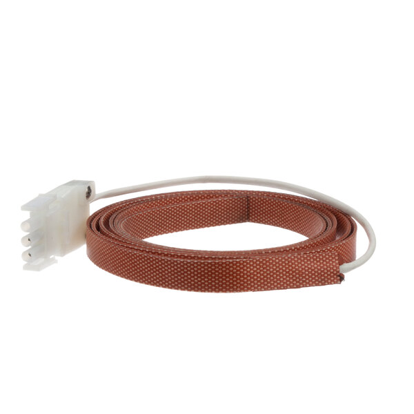 A brown cable with a white wire attached to a white device.