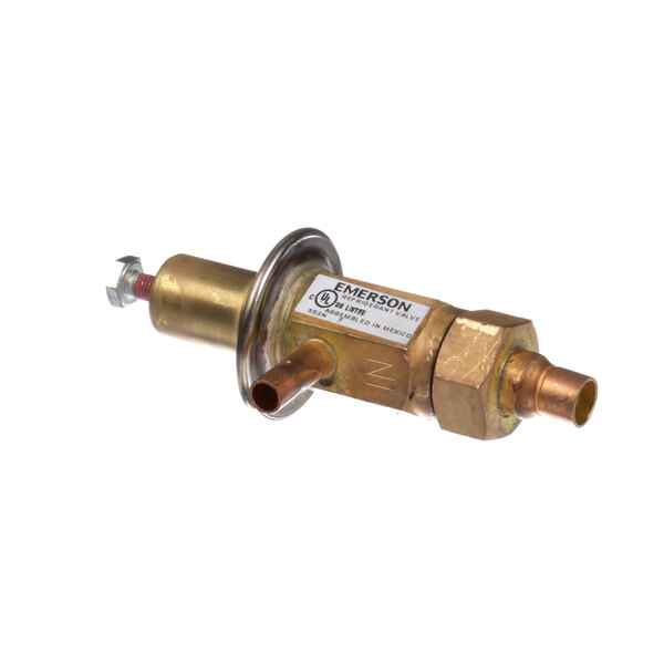 A brass SaniServ pressure valve with a gold handle.
