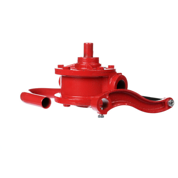 A red metal Henny Penny grease pump with a handle.