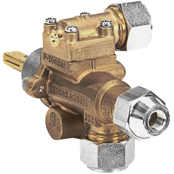 A brass US Range flame failure valve with two brass valves.
