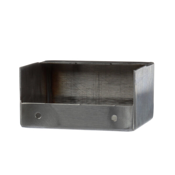 A metal box with holes and two side holes, the US Range grease drawer front.