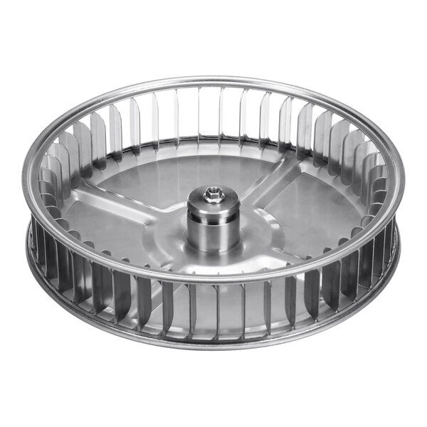 A circular metal fan with a metal disc and metal blade with holes.