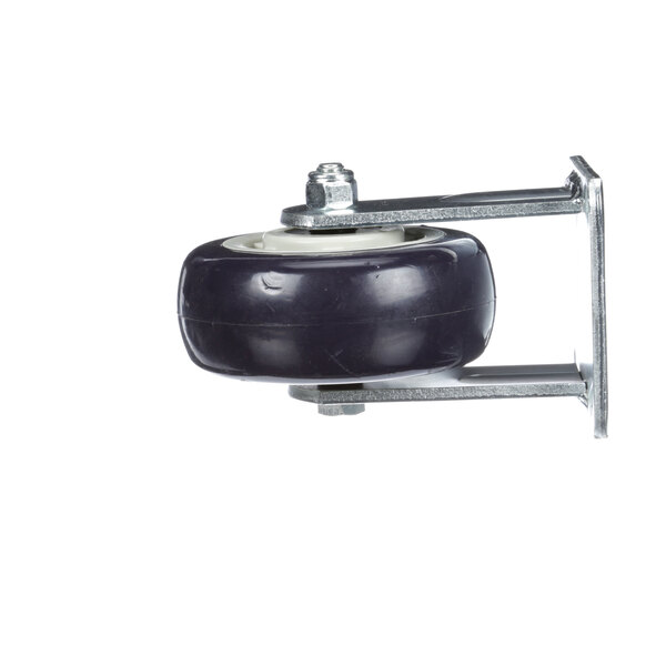 The casters for a CSTR 52-R-PPF with a black and white wheel on a metal frame.
