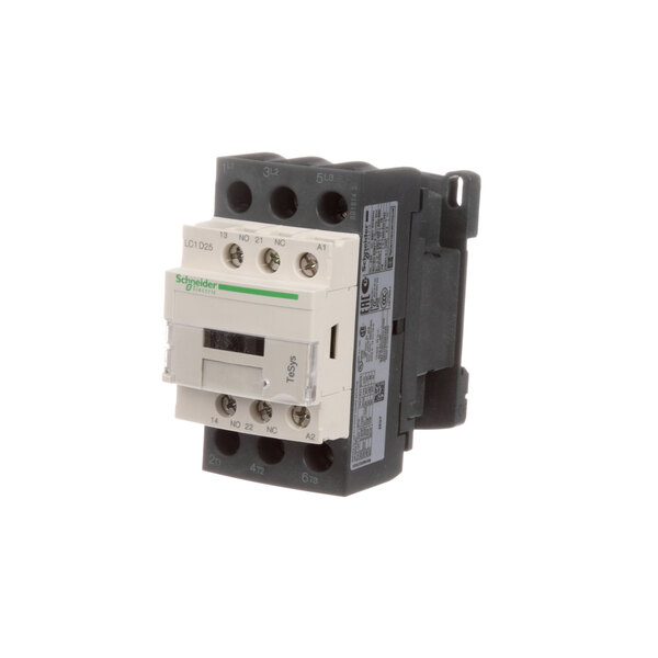 A close-up of a black and white Doyon Baking Equipment contactor with a green cover.